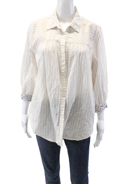 Michael Stars Womens Cotton Striped Long Sleeve Button Up Blouse Top Tan Size S