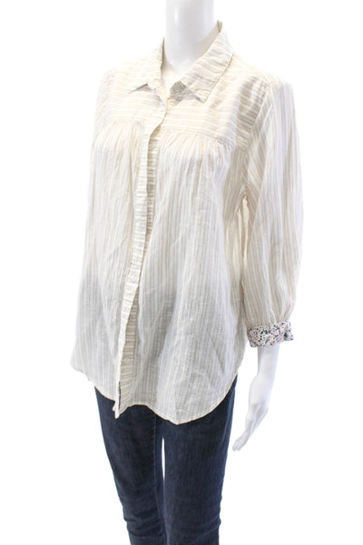 Michael Stars Womens Cotton Striped Long Sleeve Button Up Blouse Top Tan Size S