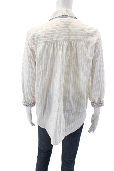 Michael Stars Womens Cotton Striped Long Sleeve Button Up Blouse Top Tan Size S