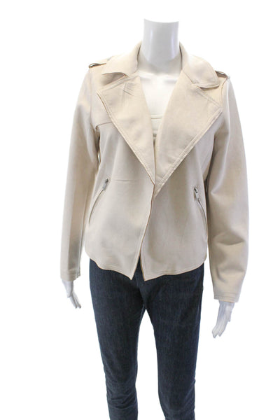 T Tahari Womens Faux Leather Collared Long Sleeve Open Front Jacket Beige Size M