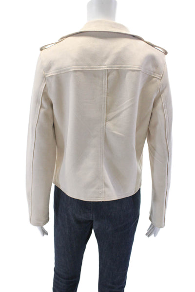 T Tahari Womens Faux Leather Collared Long Sleeve Open Front Jacket Beige Size M