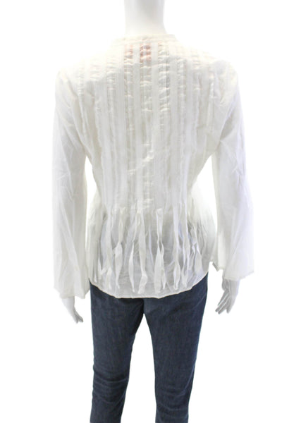 Tory Burch Womens Cotton Long Sleeve V Neck Fringe Blouse White Size 6