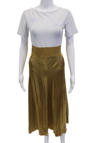 Vince Womens Elastic Waist A-Line Maxi Skirt Solid Gold Size L