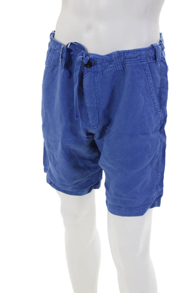 Hartford Mens Linen Drawstring Waistband Zip Button Shorts Blue Size EUR 50