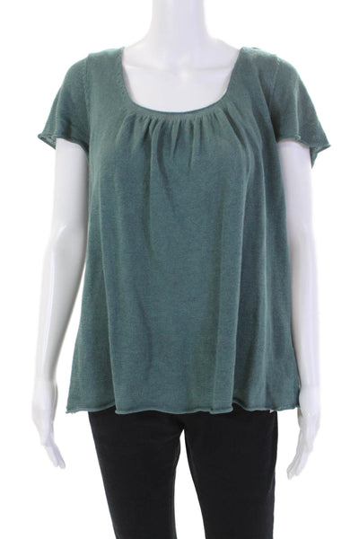 Eileen Fisher Womens Linen Knitted Scoop Neck Short Sleeved Blouse Green Size L