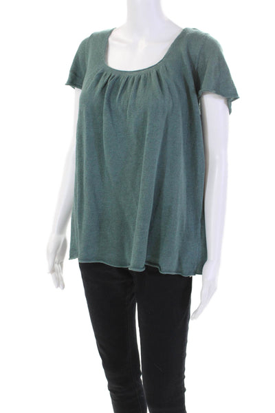 Eileen Fisher Womens Linen Knitted Scoop Neck Short Sleeved Blouse Green Size L