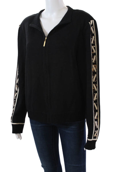 St. John Womens Santana Knit Textured Mock Neck Full Zip Jacket Black Size L