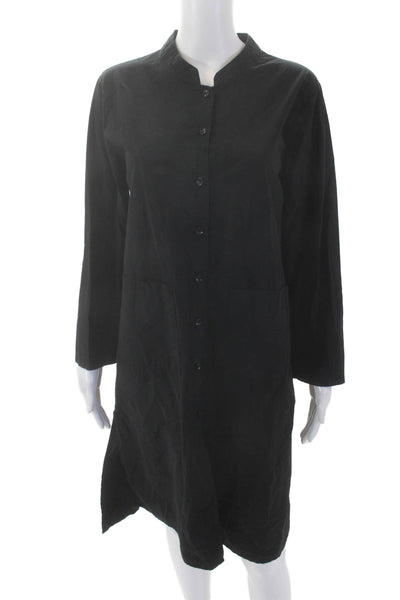 Eileen Fisher Womens Crew Neck Button Front Long Sleeve Shirt Dress Black Size L