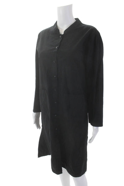 Eileen Fisher Womens Crew Neck Button Front Long Sleeve Shirt Dress Black Size L