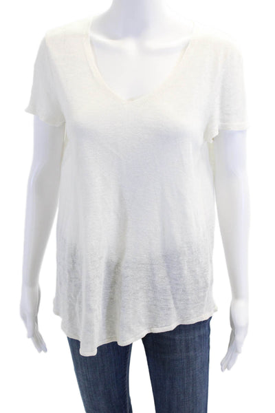 Eileen Fisher Womens Short Sleeve V Neck Linen Knit Tee Shirt White Size Large