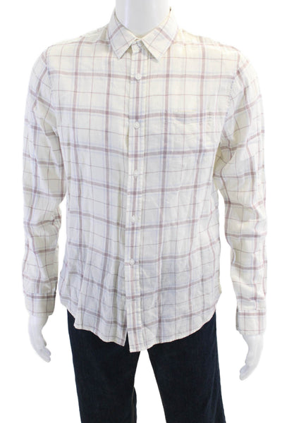 Vince Mens Linen Blend Plaid Collared Long Sleeve Button Up Shirt White Size S