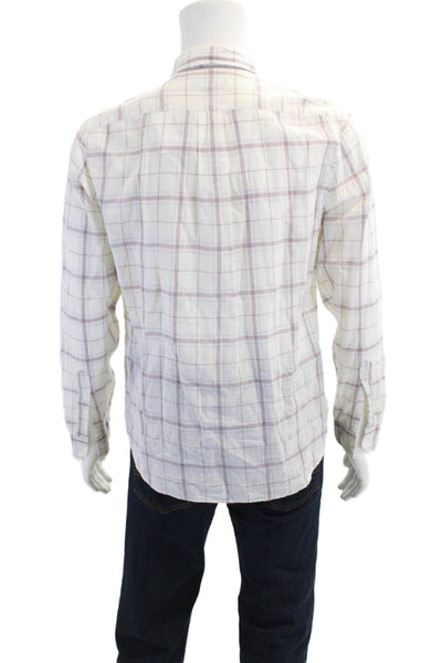 Vince Mens Linen Blend Plaid Collared Long Sleeve Button Up Shirt White Size S