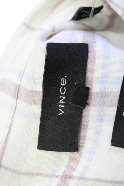 Vince Mens Linen Blend Plaid Collared Long Sleeve Button Up Shirt White Size S