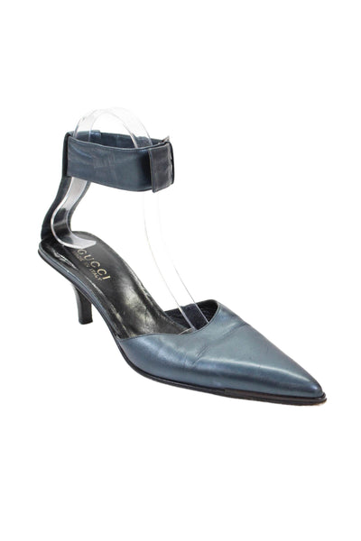 Gucci Womens Leather Pointed Ankle Strap Kitten Heels Blue Size 8.5