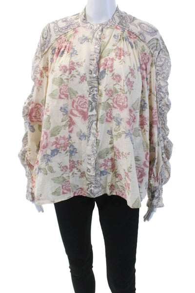 Free People Womens Cotton Floral Print Long Sleeve Blouse Multicolor Size S