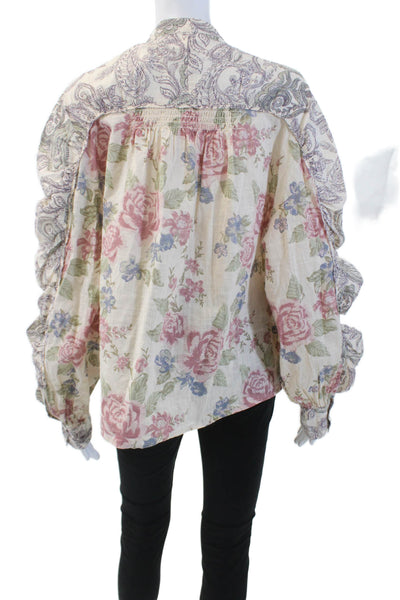 Free People Womens Cotton Floral Print Long Sleeve Blouse Multicolor Size S
