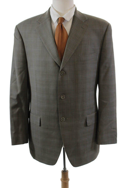 Bachrach Mens Wool Glen Plaid Three Button Long Sleeve Blazer Brown Size 42L