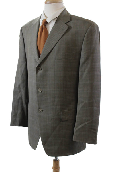 Bachrach Mens Wool Glen Plaid Three Button Long Sleeve Blazer Brown Size 42L