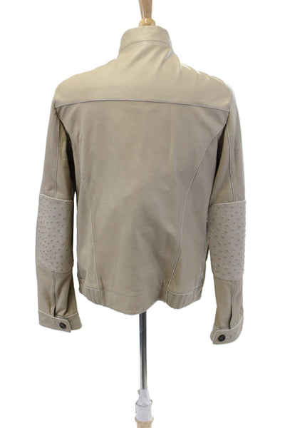 Tardini Mens Genuine Ostrich Leather Textured Long Sleeved Jacket Beige Size M