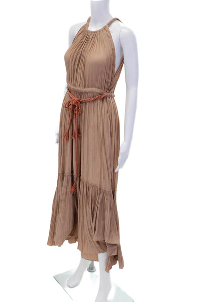 A.L.C. Womens Pleated Detail Halter Tie Waist Sleeveless Dress Beige Size 0