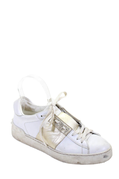 Valentino Garavani Womens Leather Metallic Stripe Sneakers White Size 6.5