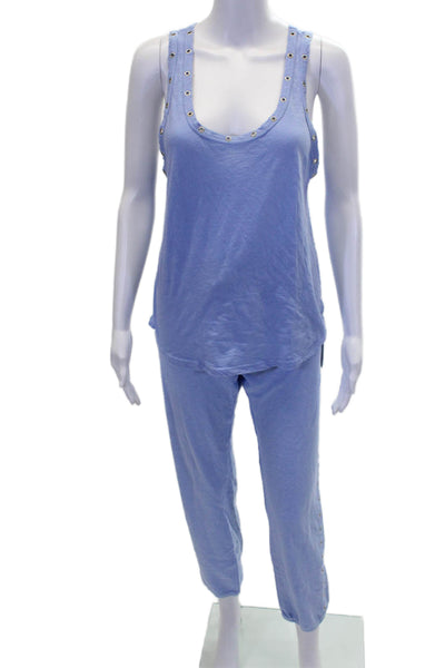 Monrow Womens Cutout Studded Scoop Neck Casual Top and Pants Set Blue Size S