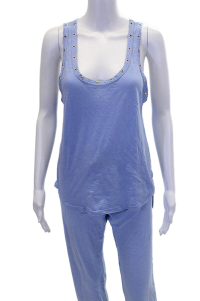 Monrow Womens Cutout Studded Scoop Neck Casual Top and Pants Set Blue Size S