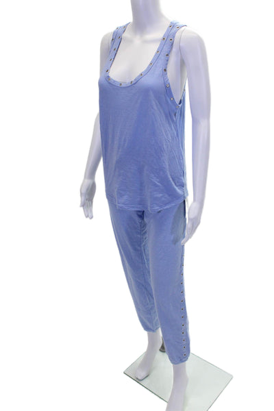 Monrow Womens Cutout Studded Scoop Neck Casual Top and Pants Set Blue Size S