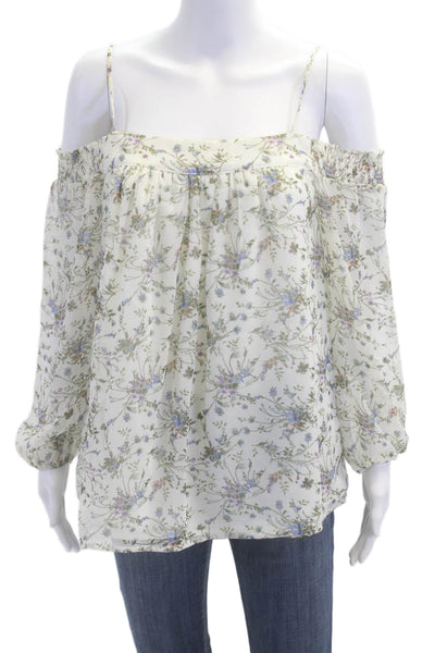 Barneys New York Womens Floral Cold Shoulder Long Sleeve Blouse Top White SizeS