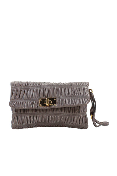 Prada Womens Turnlock Flap Nappa Leather Gaufre Wristlet Clutch Handbag Purple