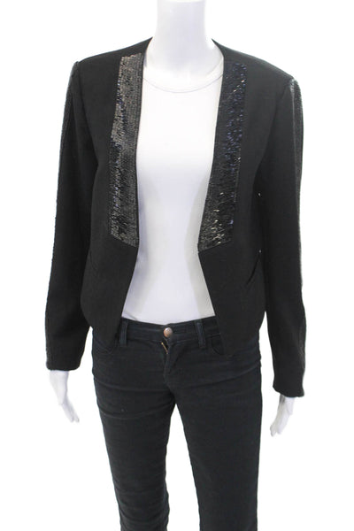 Ramy Brook Womens Beaded Long Sleeved Open Front Textured Blazer Black Size 8
