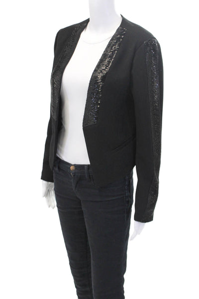 Ramy Brook Womens Beaded Long Sleeved Open Front Textured Blazer Black Size 8