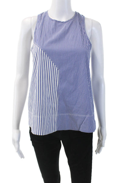 Tibi Womens Cotton Striped Crew Neck Zip Back Sleeveless Blouse Top Blue Size 00