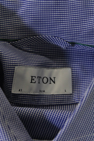 Eton Mens Plaid Slim Fit Button Down Dress Shirt Blue White Cotton Size 41 Large