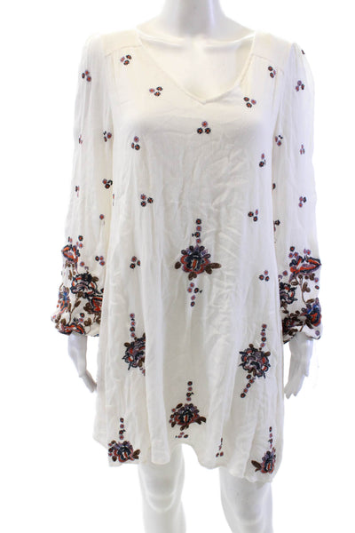 Free People Womens Embroidered V-Neck Long Sleeve Mini Dress White Size XS