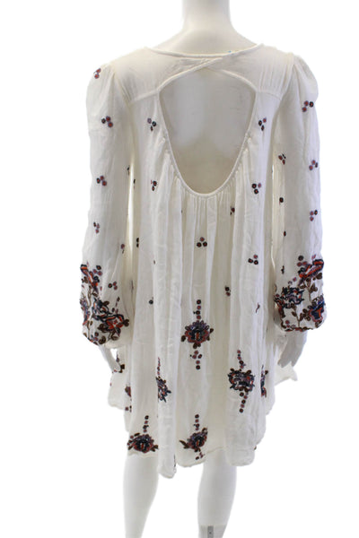 Free People Womens Embroidered V-Neck Long Sleeve Mini Dress White Size XS