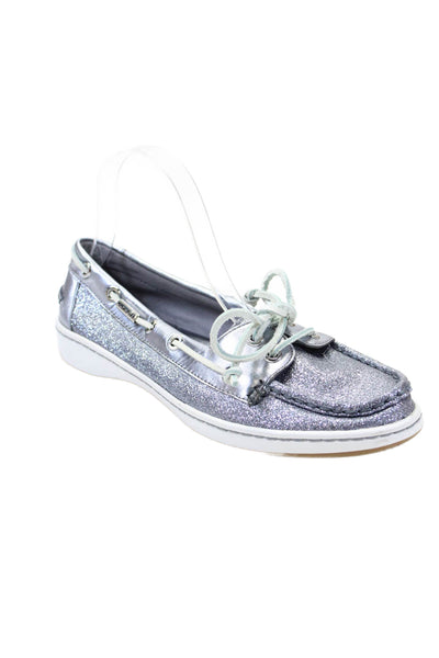 Coach Womens Richelle Glittery Metallic Leather Lace Up Boat Shoes Blue Size 8