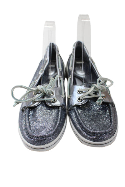 Coach Womens Richelle Glittery Metallic Leather Lace Up Boat Shoes Blue Size 8