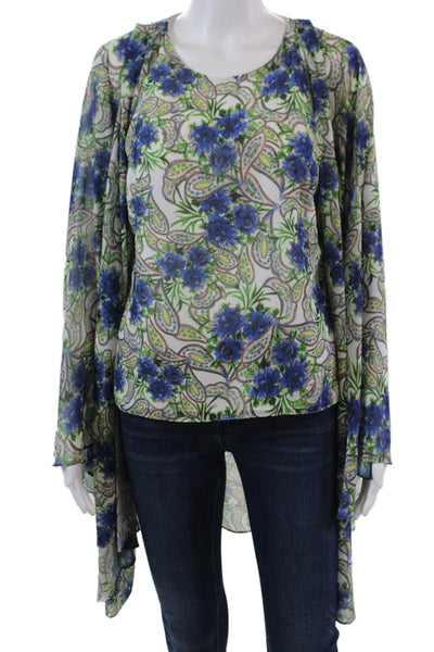 Badgley Mischka Womens Floral Print High Low Kimono Blue Multicolor Size S