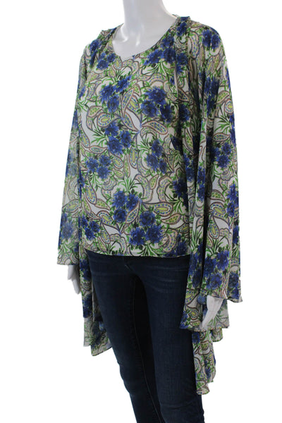 Badgley Mischka Womens Floral Print High Low Kimono Blue Multicolor Size S