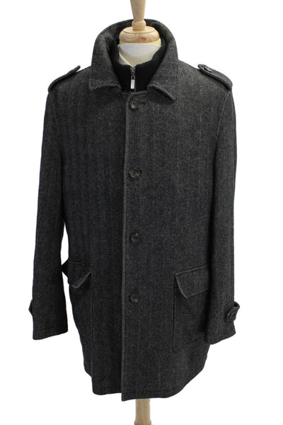 Gio Matto Mens Long Sleeve Front Zip Collared Herringbone Coat Gray Wool Large