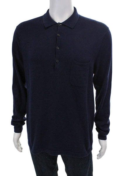 Eric Bompard Mens Cotton Knit Collared Long Sleeve Polo Shirt Navy Size L