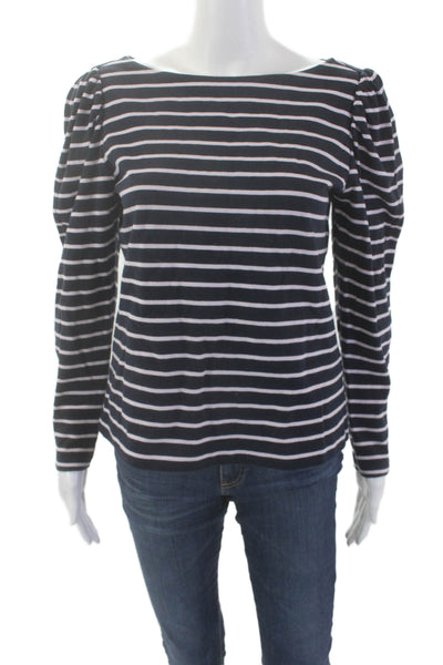 La Vie Womens Cotton Striped Print Long Sleeve Basic Blouse Top Blue Size M