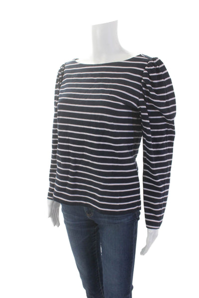 La Vie Womens Cotton Striped Print Long Sleeve Basic Blouse Top Blue Size M