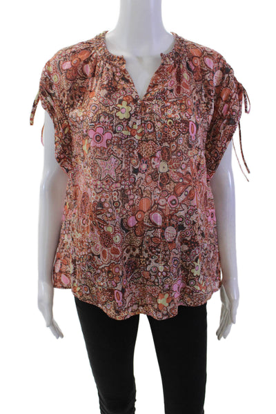 A.L.C. Womens Abstract Print Short Sleeves Blouse Multi Colored Cotton Size 2