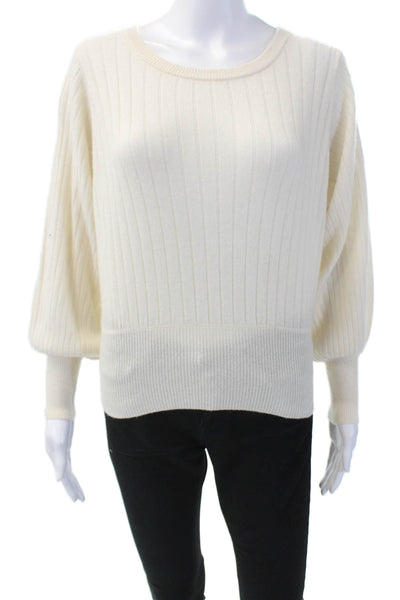 Crush Womens Cashmere Ribbed Crew Neck Puff Sleeve Sweater Top White Size 0