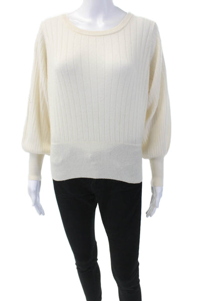 Crush Womens Cashmere Ribbed Crew Neck Puff Sleeve Sweater Top White Size 0