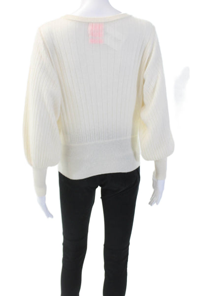 Crush Womens Cashmere Ribbed Crew Neck Puff Sleeve Sweater Top White Size 0