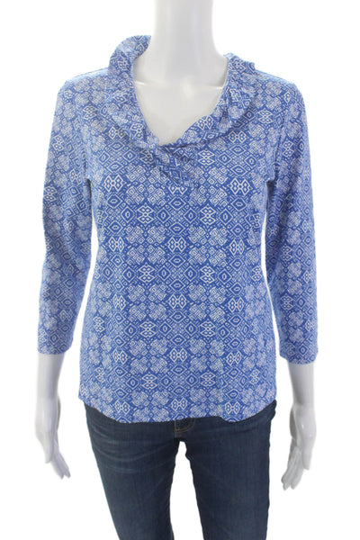 J. Mclaughlin Womens Geometric Collared Long Sleeve Blouse Top Blue Size S