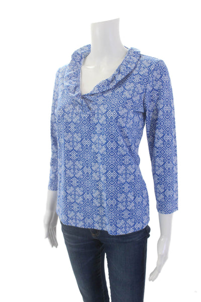 J. Mclaughlin Womens Geometric Collared Long Sleeve Blouse Top Blue Size S